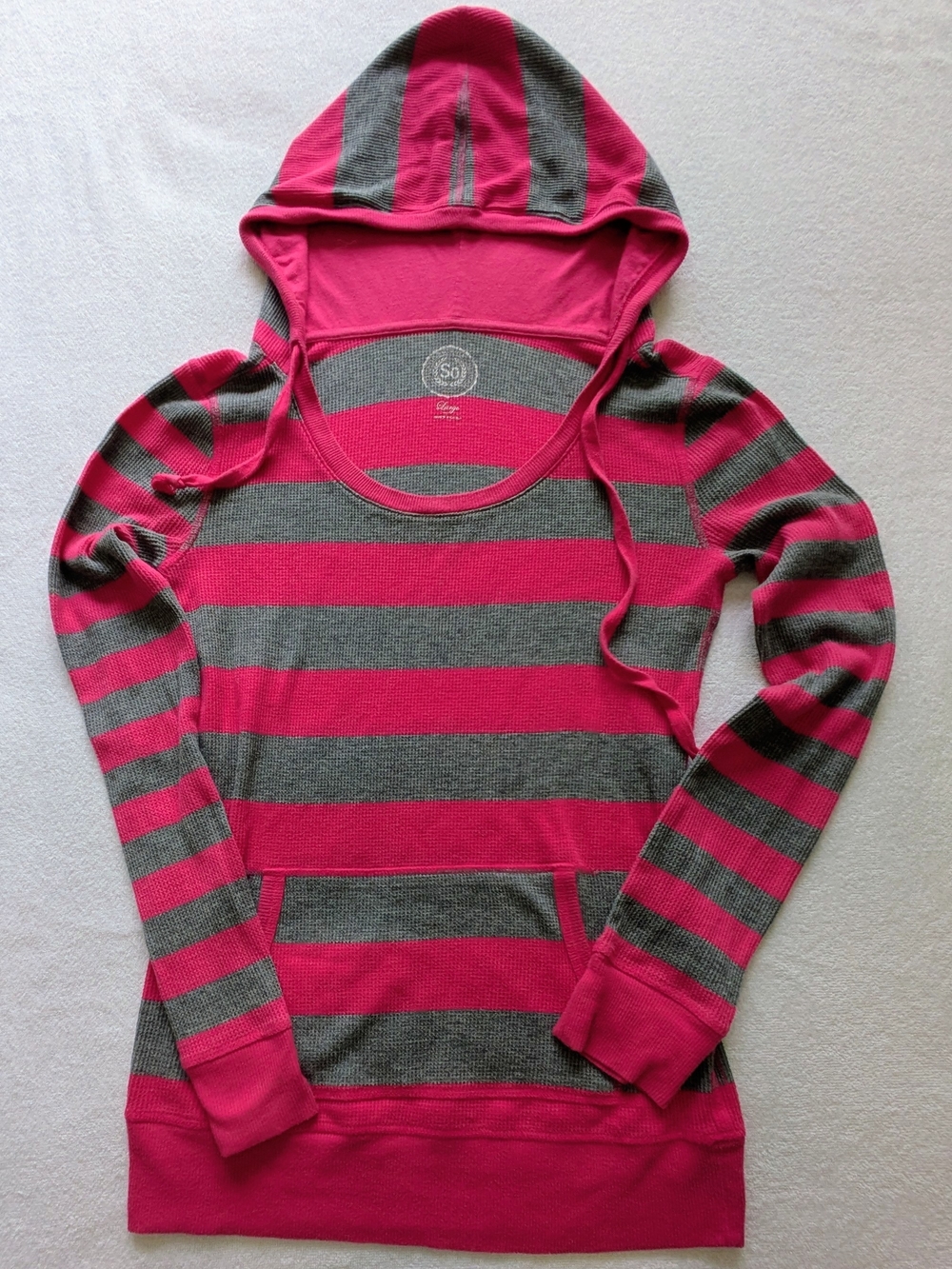 SO Lounge Women's Striped Pullover Hoodie Hooded Pockets Pink Gray S Y2K - Picture 2 of 6
